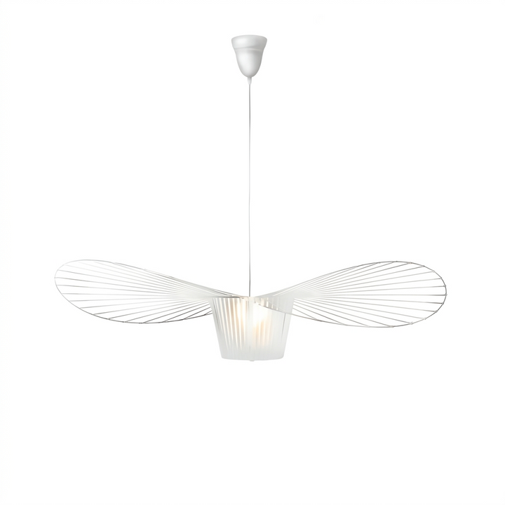 White contemporary pendant light with a wide, flat shade resembling a hat, made of thin, curved wires.