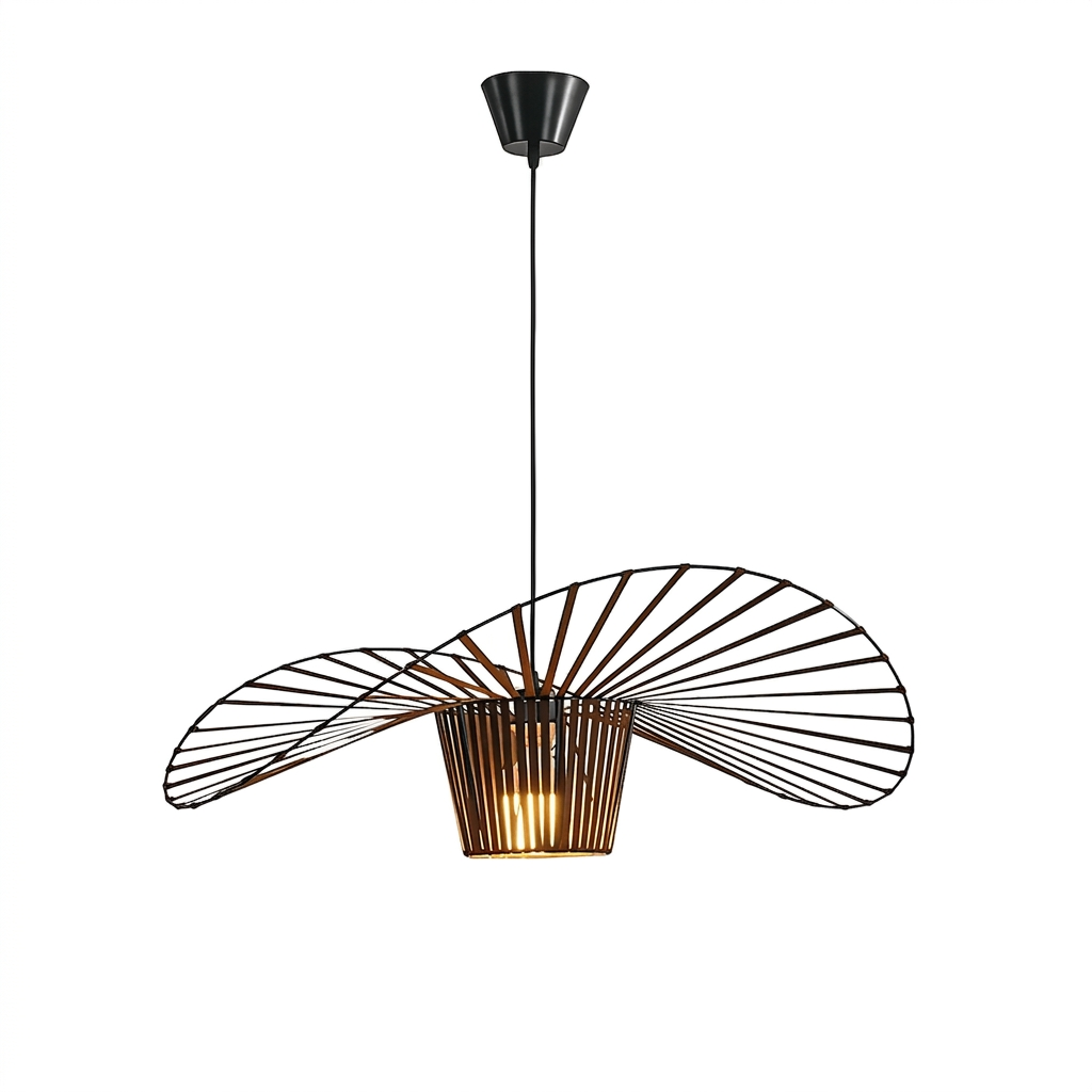 Black contemporary pendant light with a wide, spiraling shade resembling a hat.
