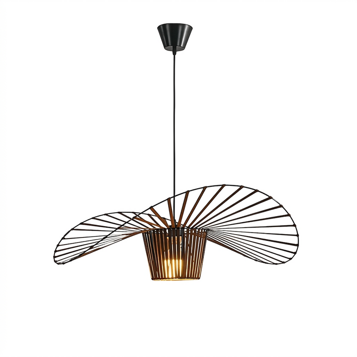 Black contemporary pendant light with a wide, spiraling shade resembling a hat.