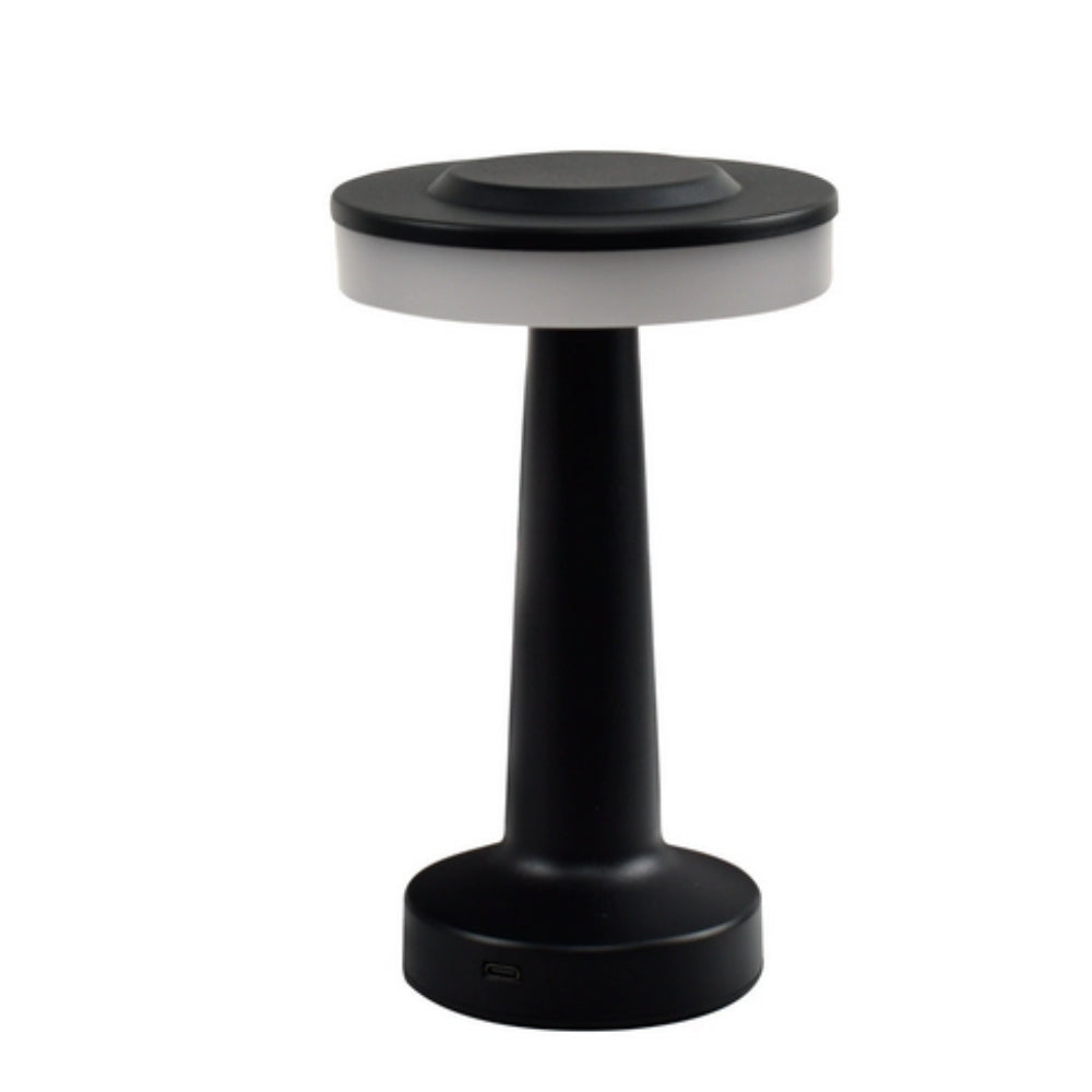 Black Dome cordless table lamp with a white light ring on top, on a white background.