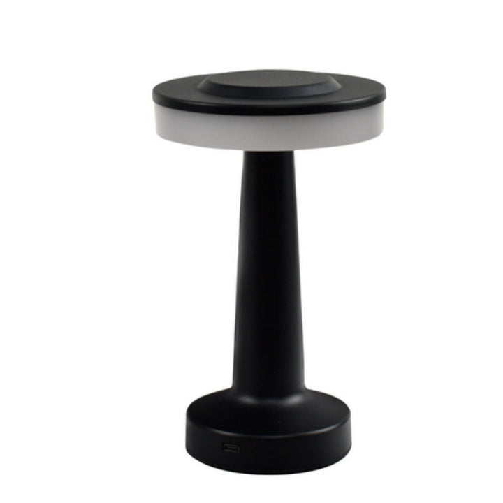 Black Dome cordless table lamp with a white light ring on top, on a white background.
