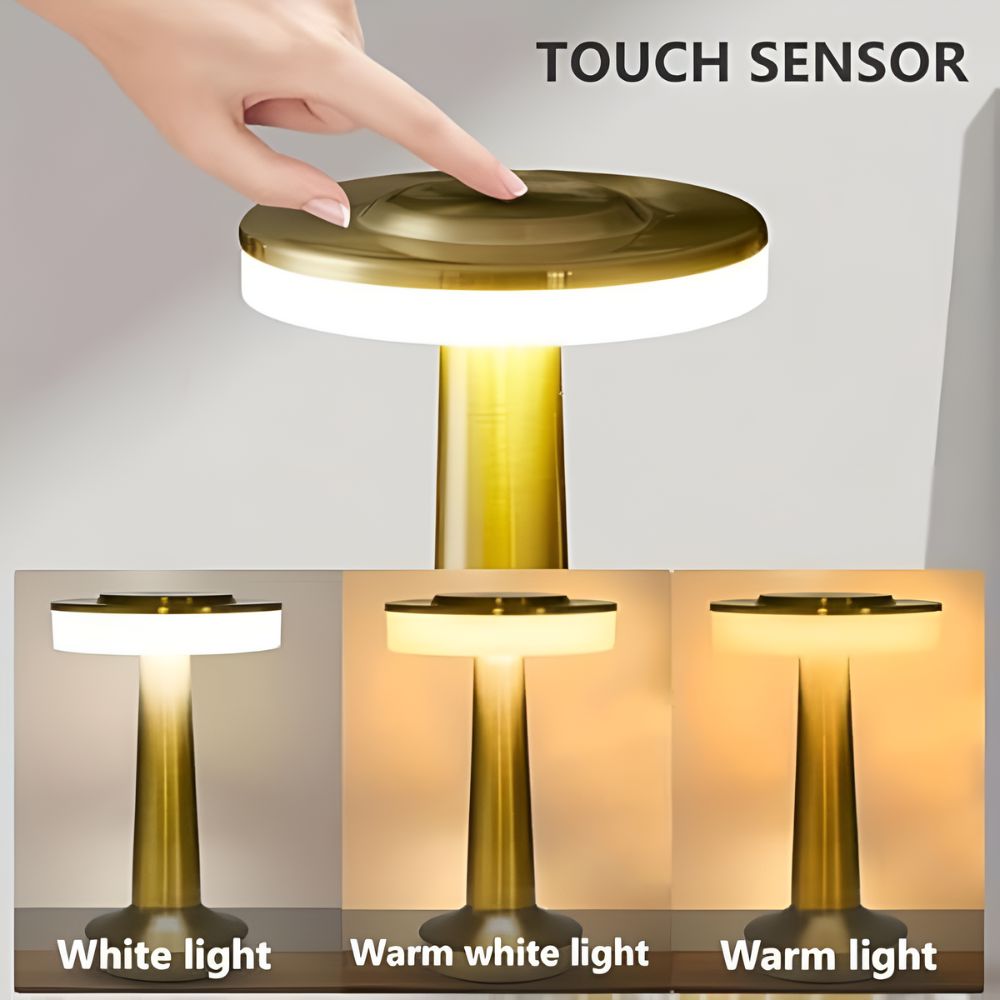 Dome Cordless Table Lamp with touch sensor, showing white light, warm white light, and warm light settings.