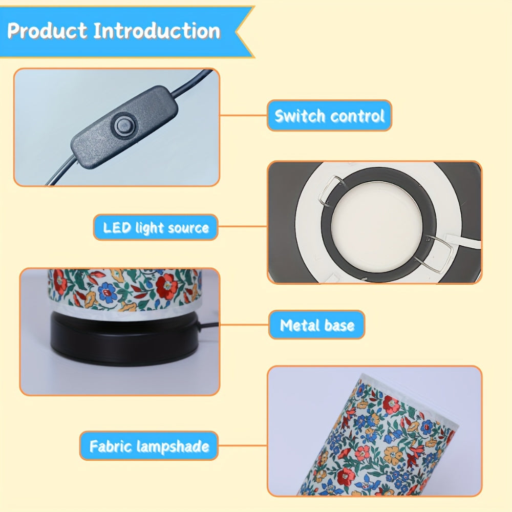 Table lamp with a floral fabric shade, LED light source, switch control, and metal base.