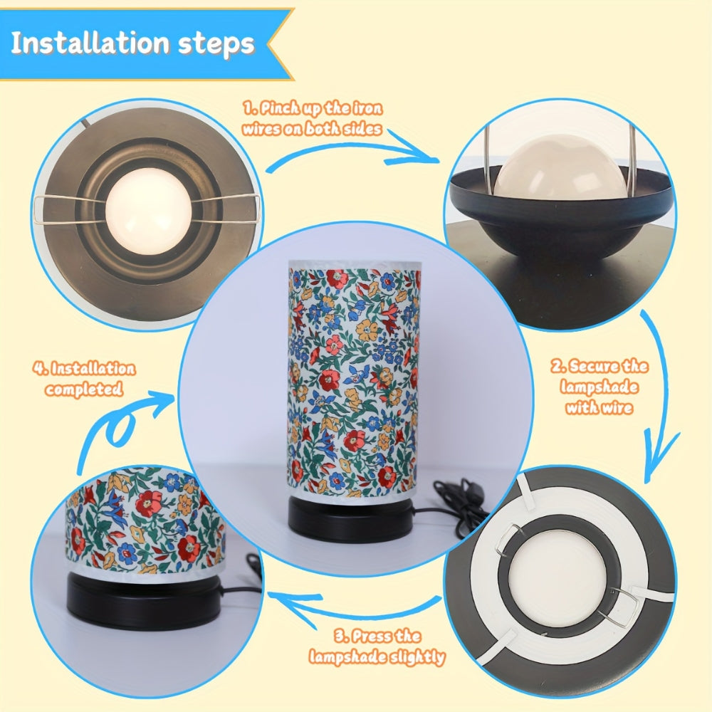 Botanical floral table lamp with fabric shade and black base, showing installation steps.