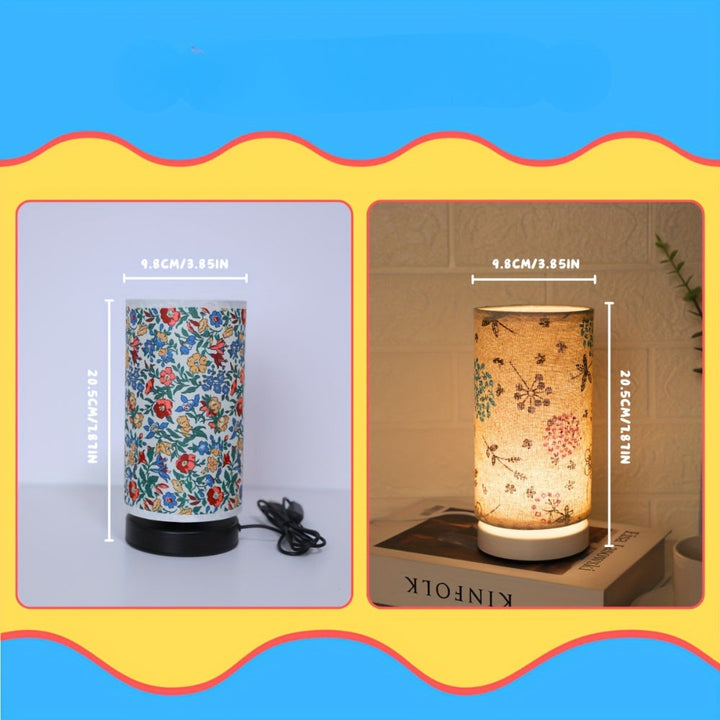Two botanical floral fabric table lamps, one lit and one unlit, with dimensions shown.