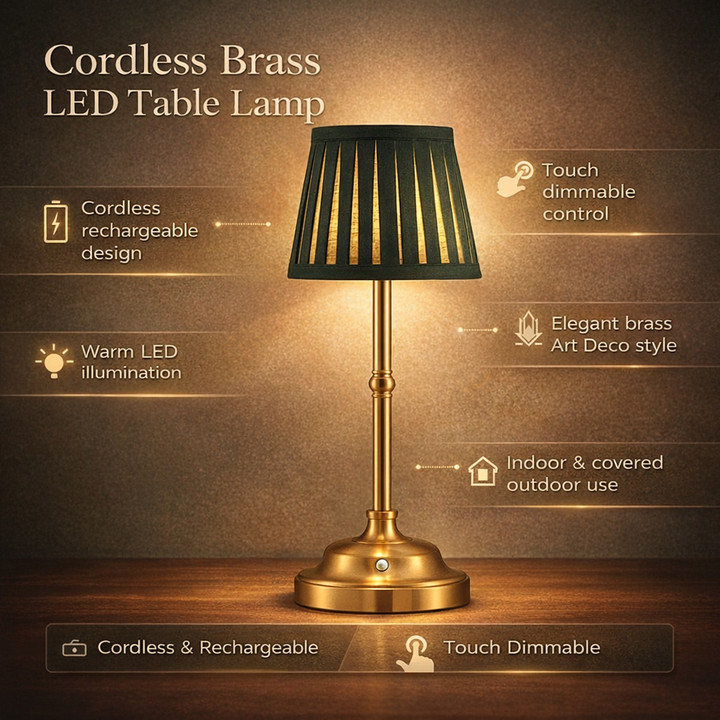 Brass LED table lamp with dark green pleated shade, touch control, and cordless rechargeable design.