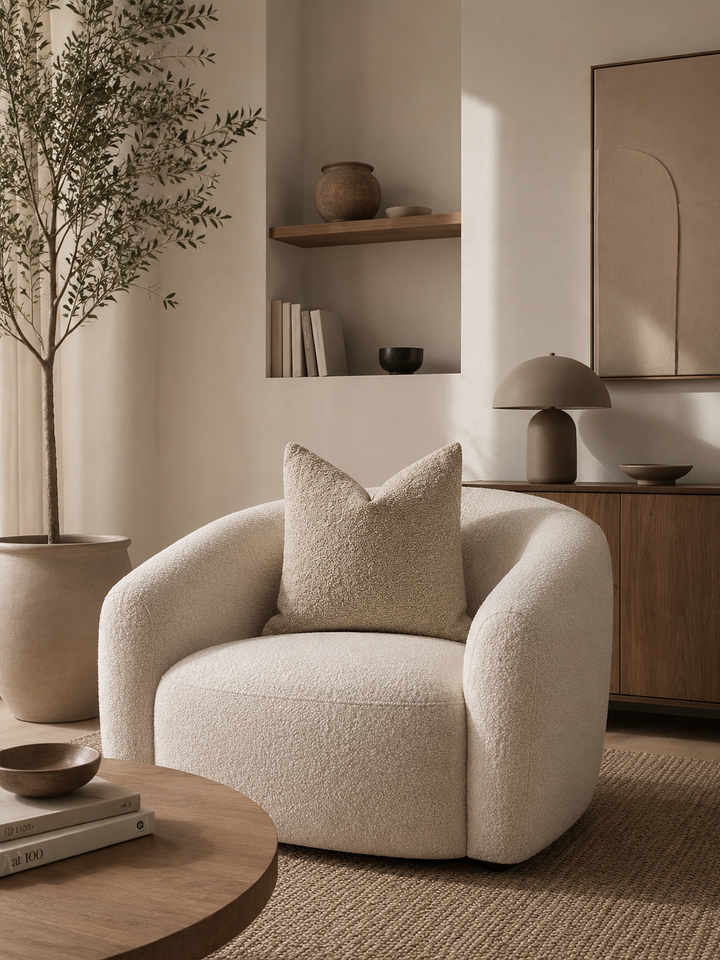 Calen Soft Pillow Cover in a textured boucle fabric, placed on a cream armchair.