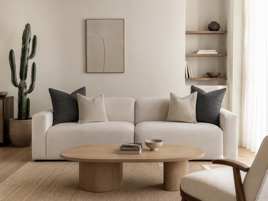 Two textured throw pillows, one cream and one dark gray, on a cream sofa.