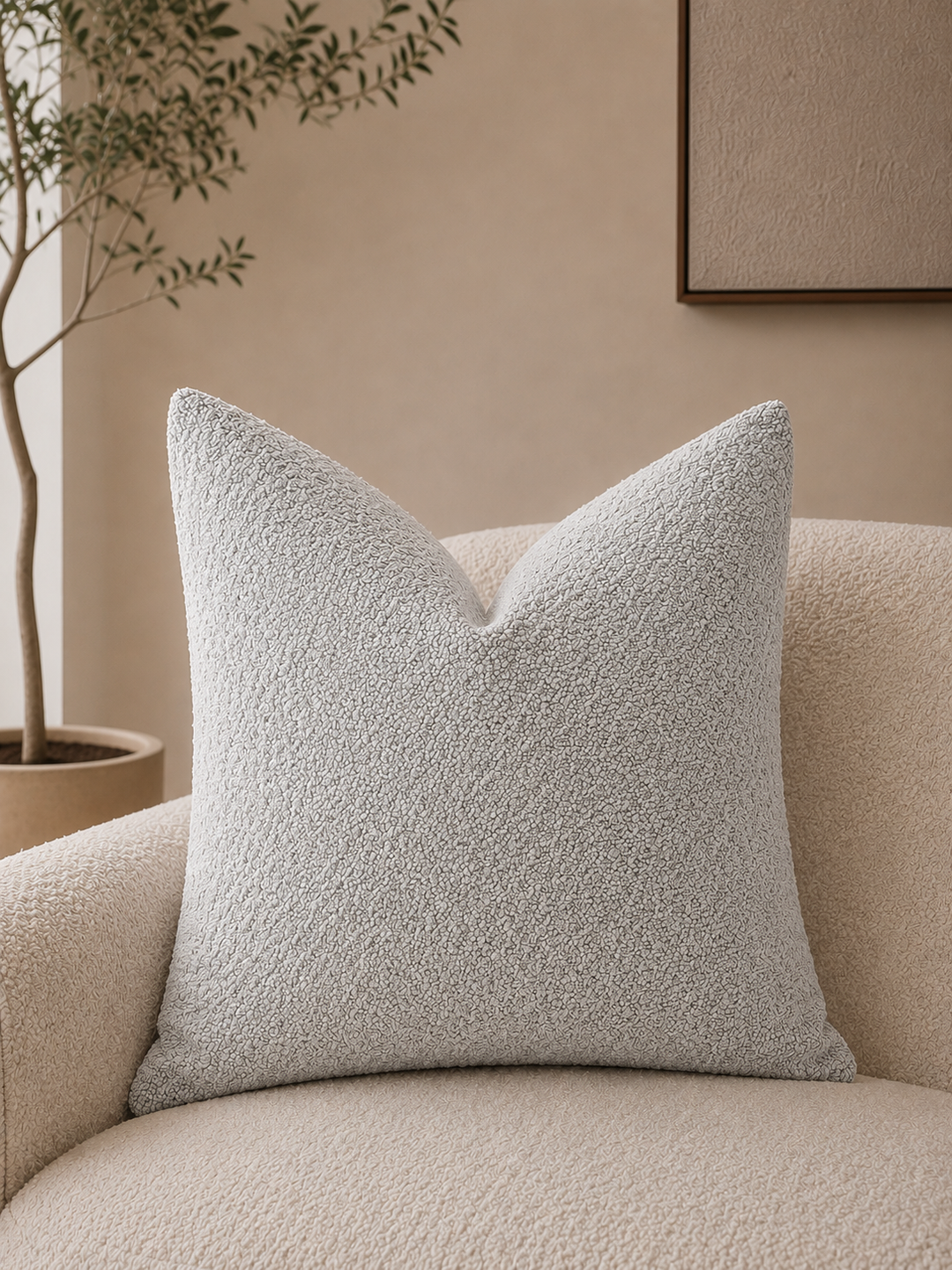 Light grey textured pillow cover made of cotton blend with a hidden zipper.