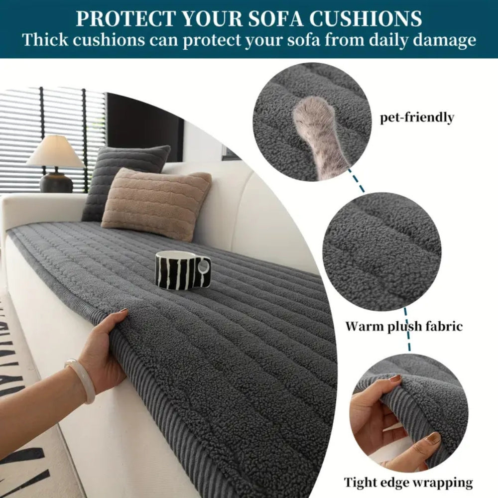Dark gray plush sofa cover with textured stripes, protecting the sofa from damage.