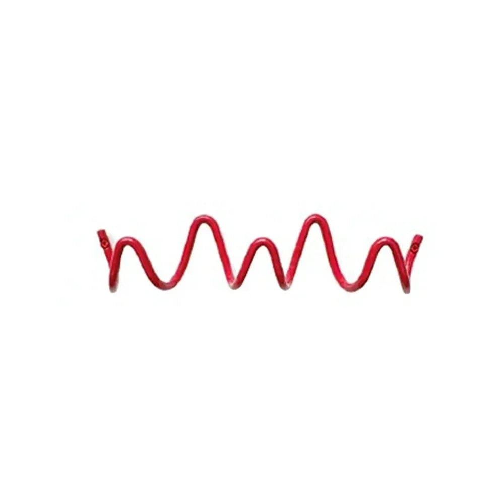 Red wrought iron wavy hook rack, resembling an ocean wave.