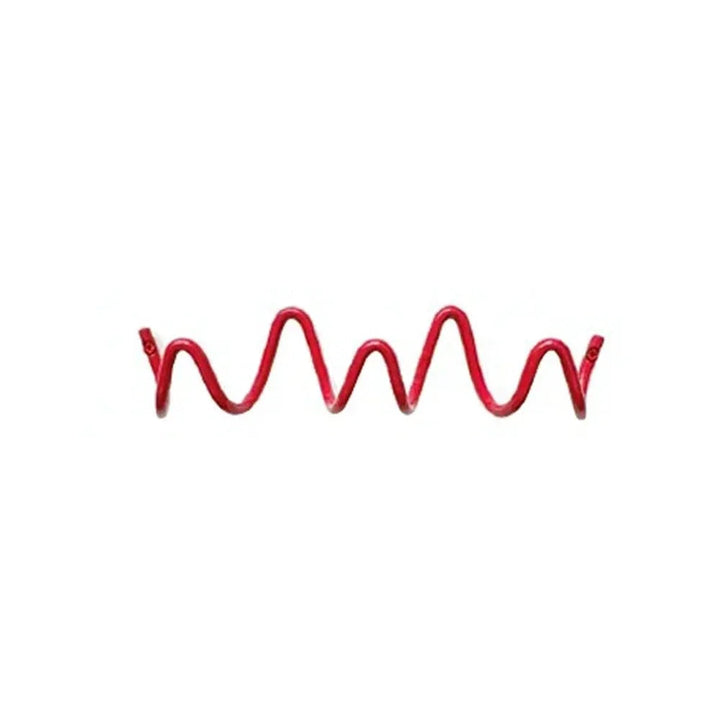 Red wrought iron wavy hook rack, resembling an ocean wave.