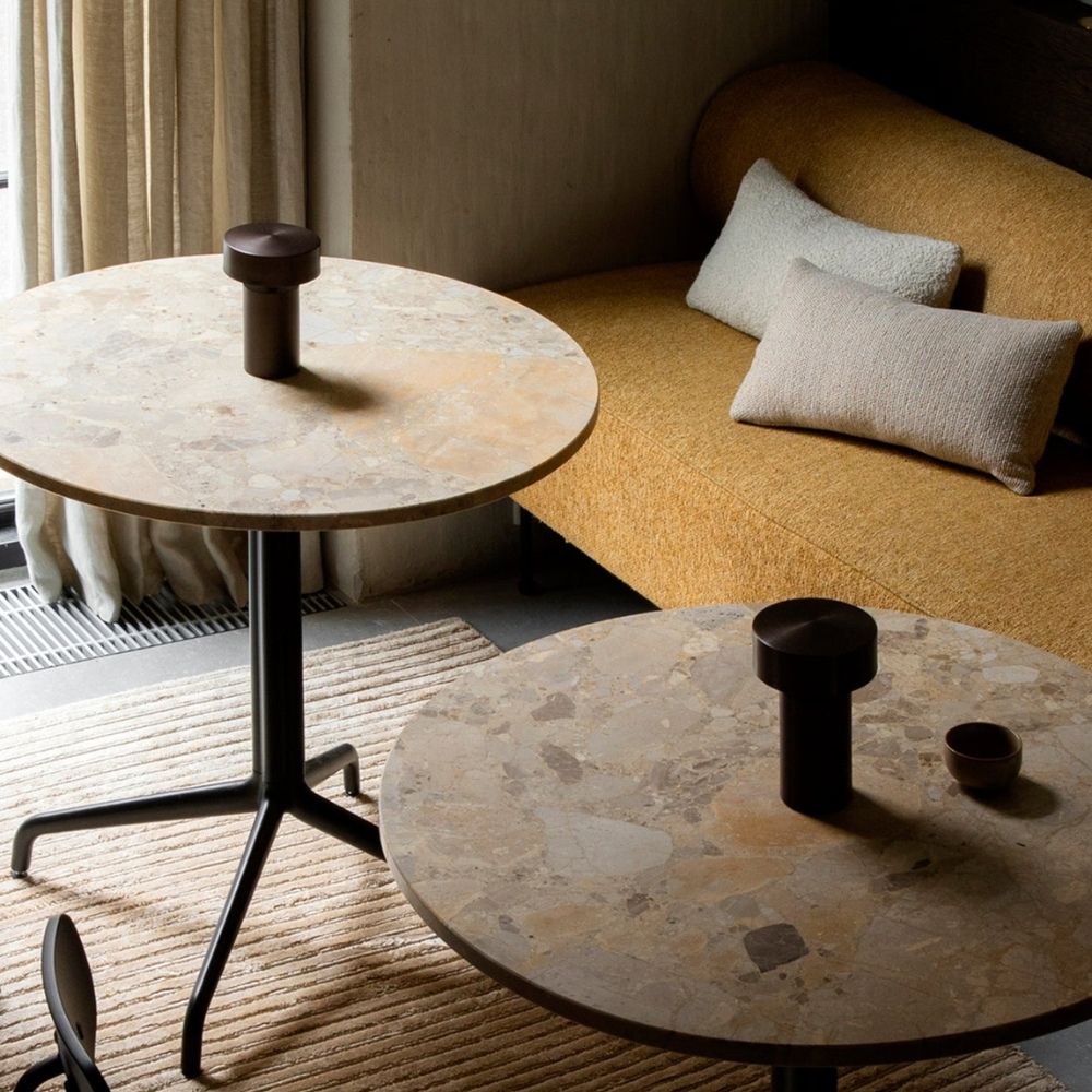 Column LED Table Lamp with a dark bronze finish on a marble side table.