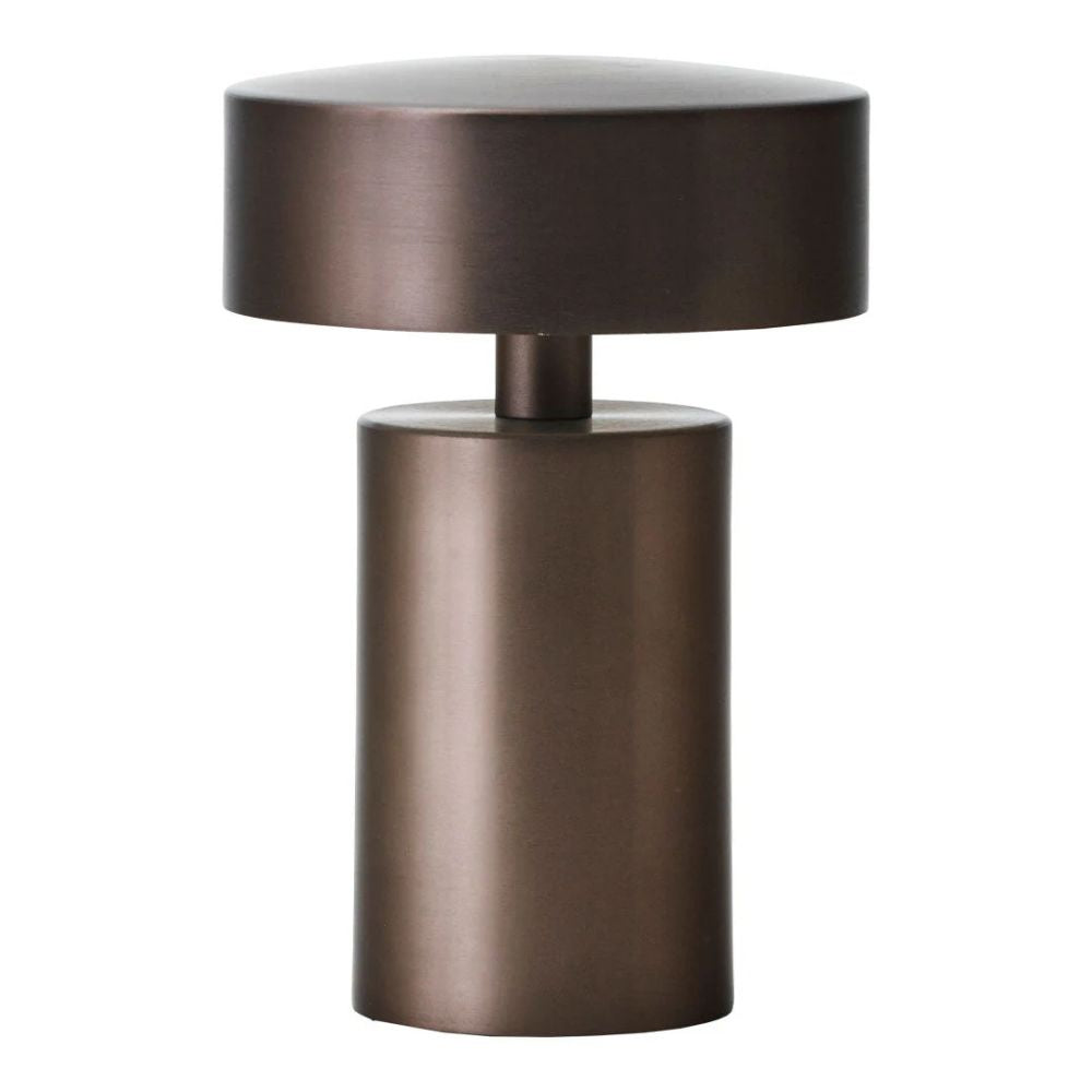 Bronze column LED table lamp with a cylindrical base and a disc-shaped top.