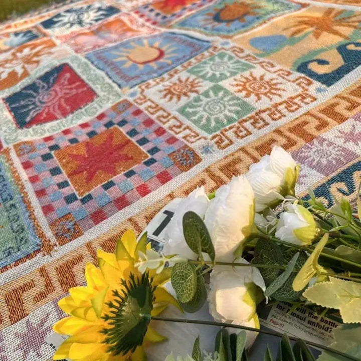 Colorful patterned outdoor picnic blanket with a bouquet of white roses and a sunflower.