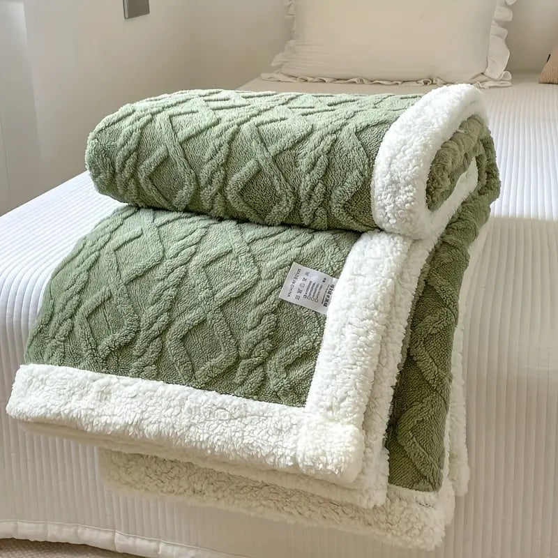 Green reversible sherpa throw blanket with a diamond pattern and white sherpa trim folded on a bed.