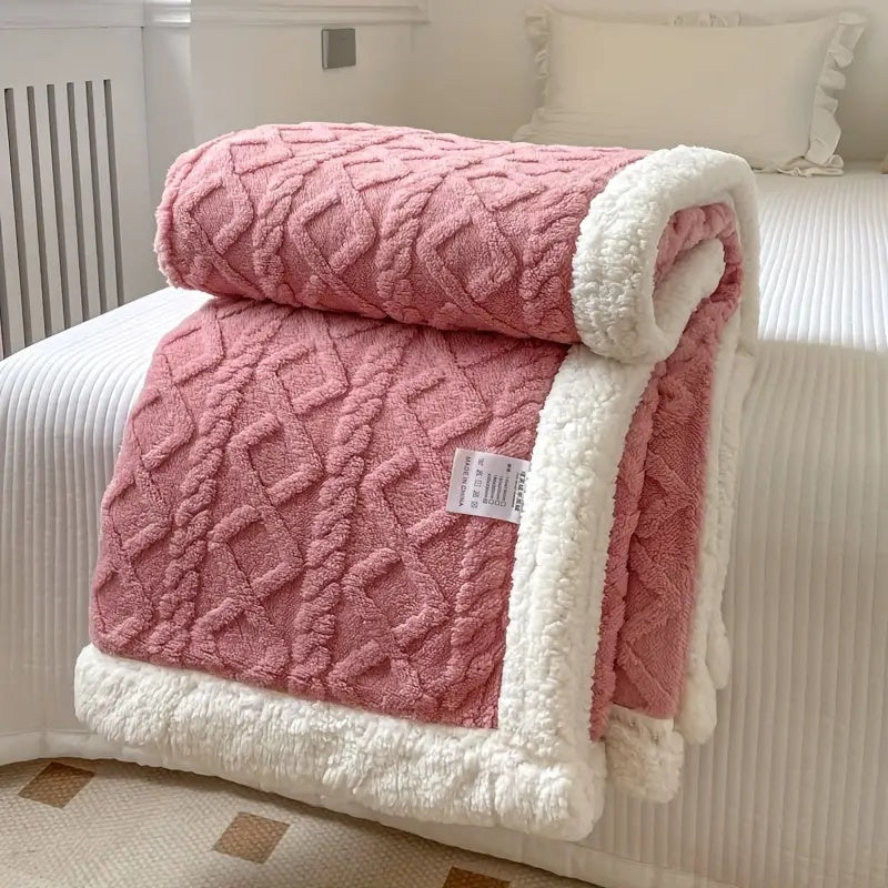 Pink sherpa fleece throw blanket with a cable knit pattern and white sherpa trim, folded on a bed.