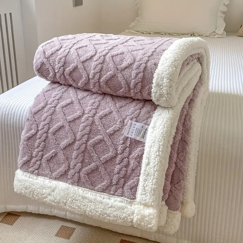 Purple sherpa fleece throw blanket with white sherpa trim folded on a bed.