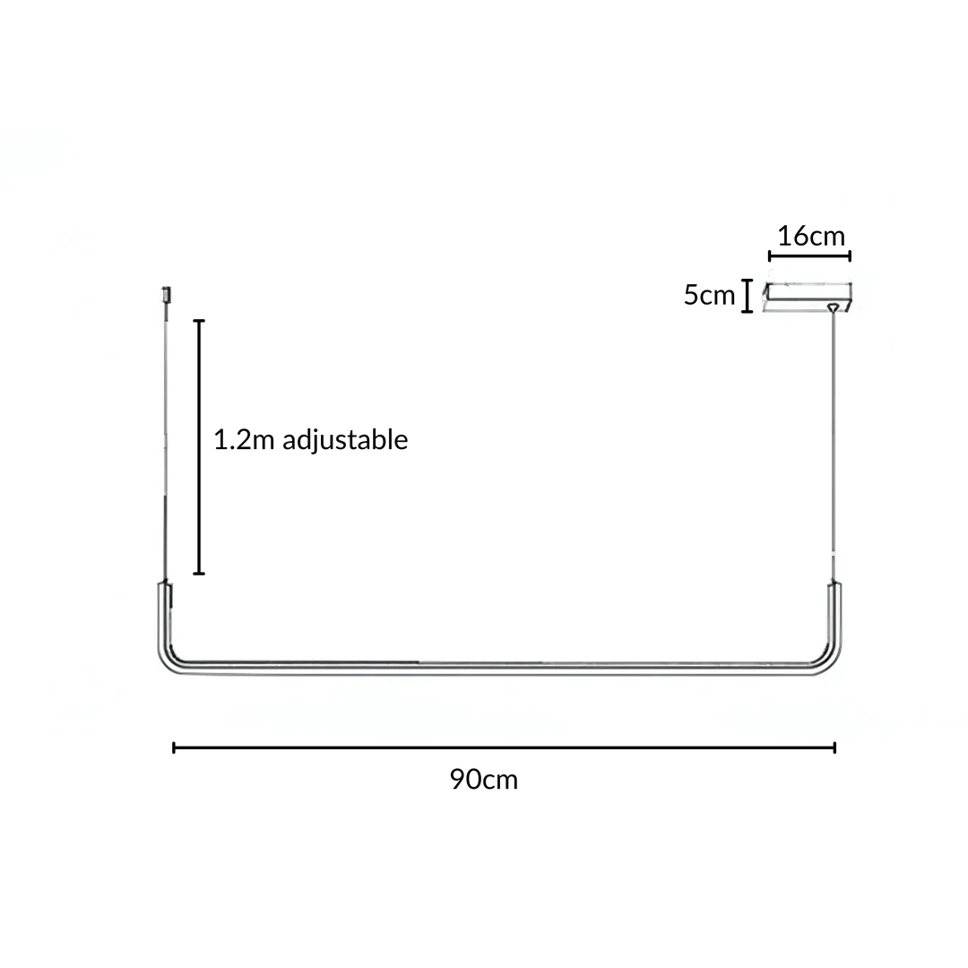 Diagram of a modern adjustable pendant light with dimensions: 90cm width, 1.2m adjustable cable, 16cm length, and 5cm height.