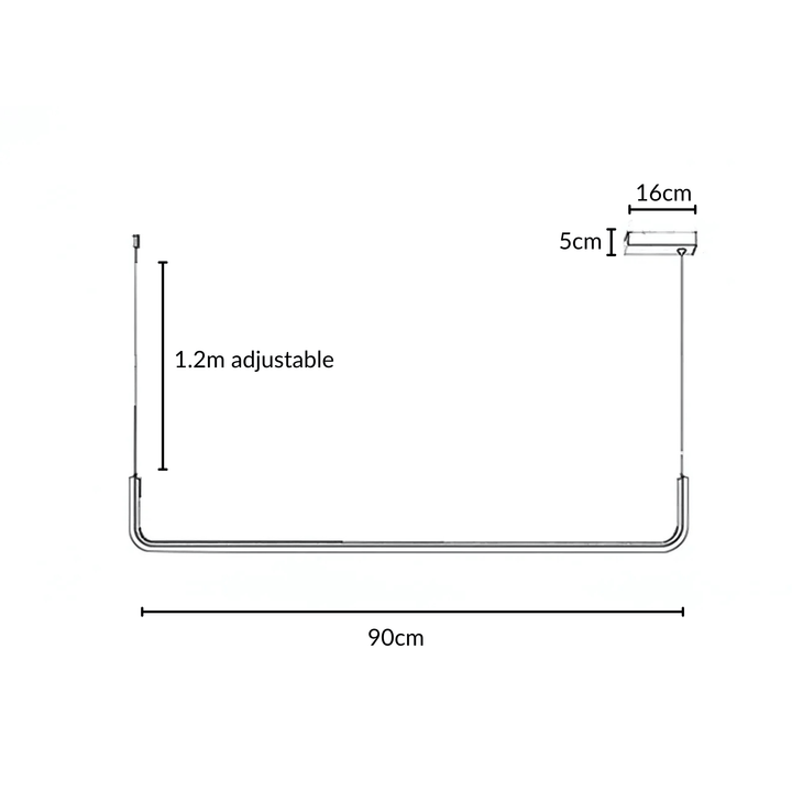 Diagram of a modern adjustable pendant light with dimensions: 90cm width, 1.2m adjustable cable, 16cm length, and 5cm height.