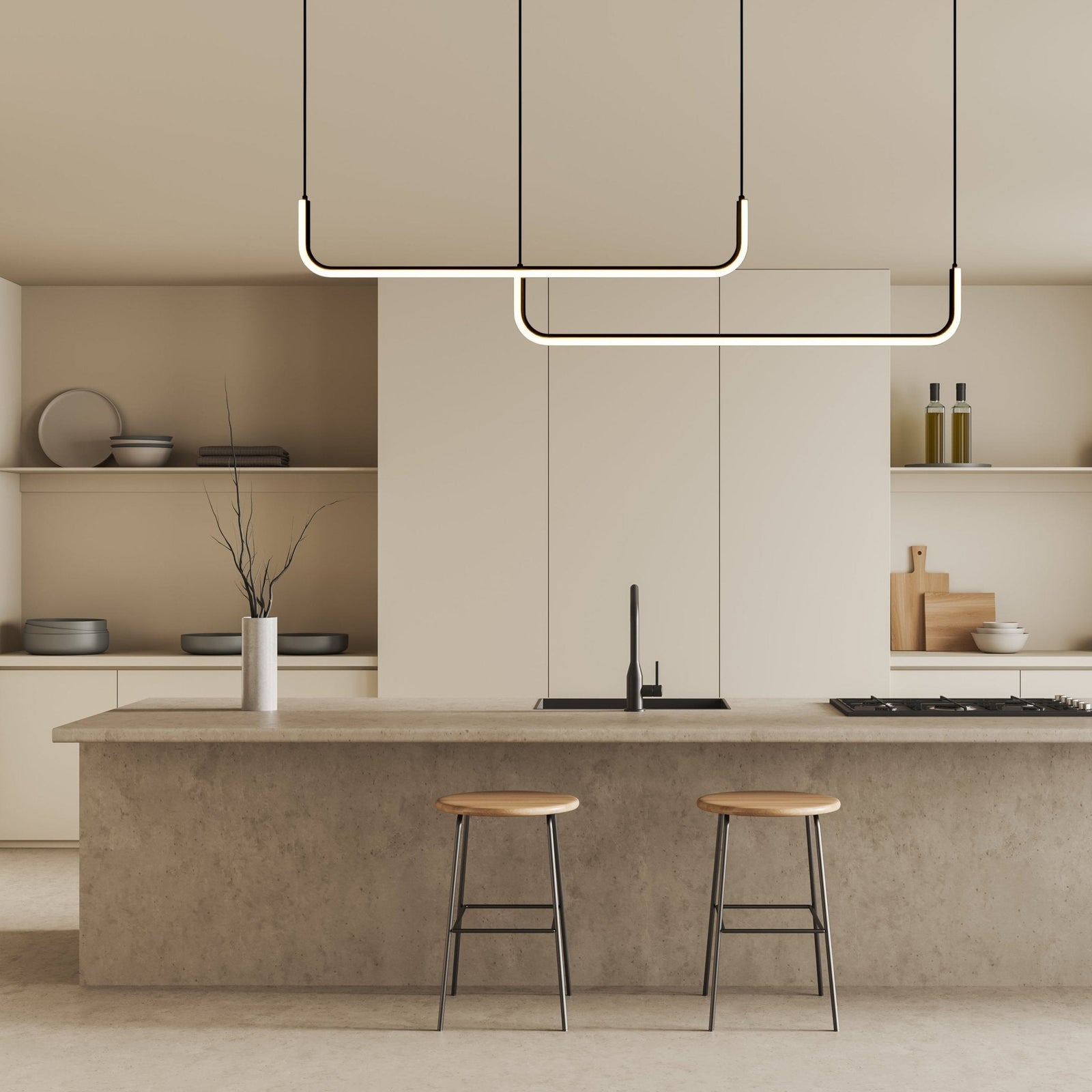 Modern adjustable pendant light with two rectangular frames hanging over a kitchen island.