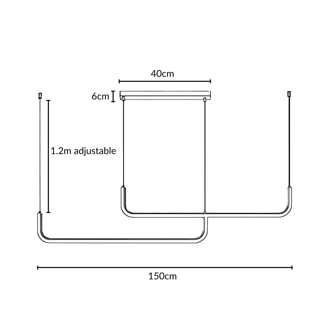 Diagram of a modern adjustable pendant light with dimensions: 40cm width, 6cm height, 1.2m adjustable cable, and 150cm total length.