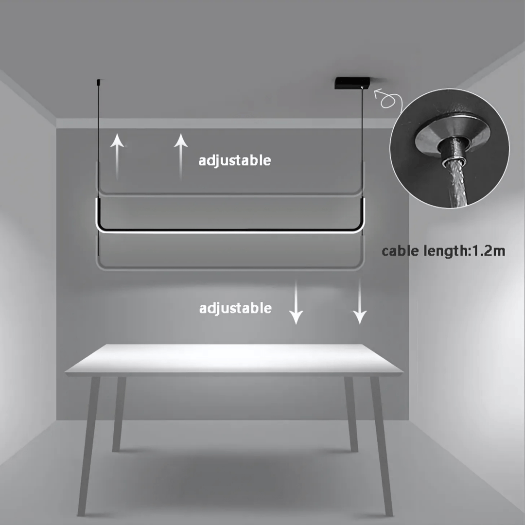 Modern adjustable pendant light with a 1.2m cable length, shown above a table.