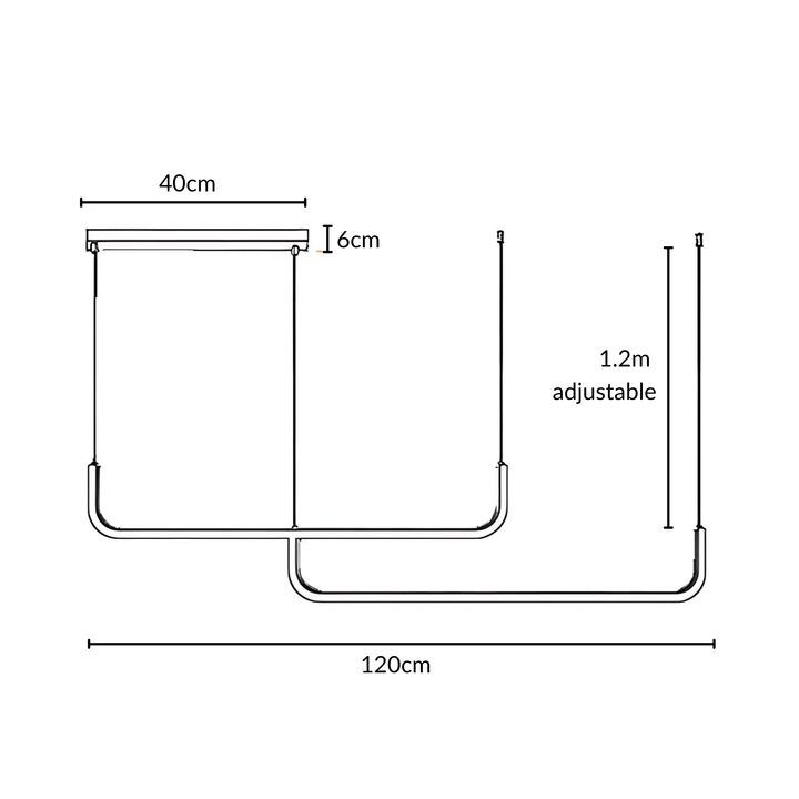 Diagram of a modern adjustable pendant light with dimensions: 40cm width, 6cm height, 1.2m adjustable cable, and 120cm total length.