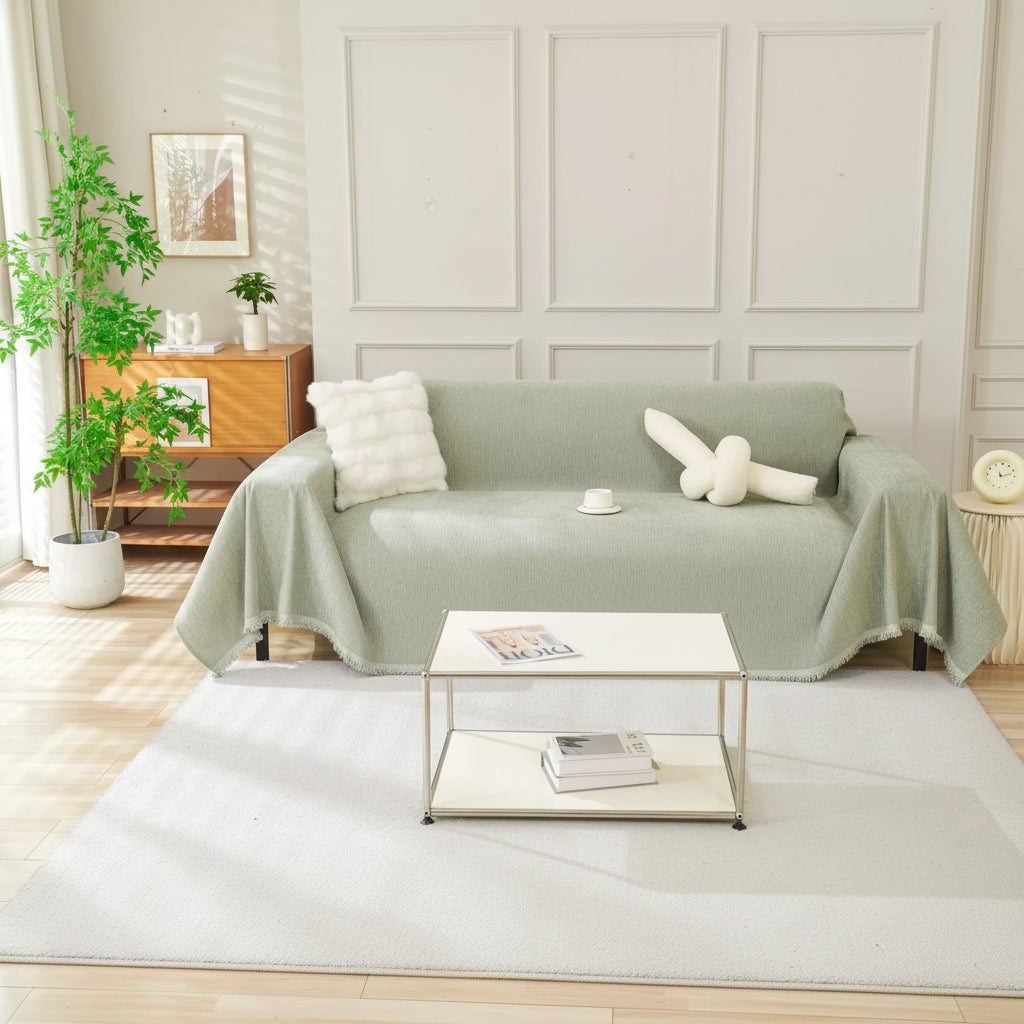 Sage green throw blanket draped over a sofa with white pillows and a coffee table in front.