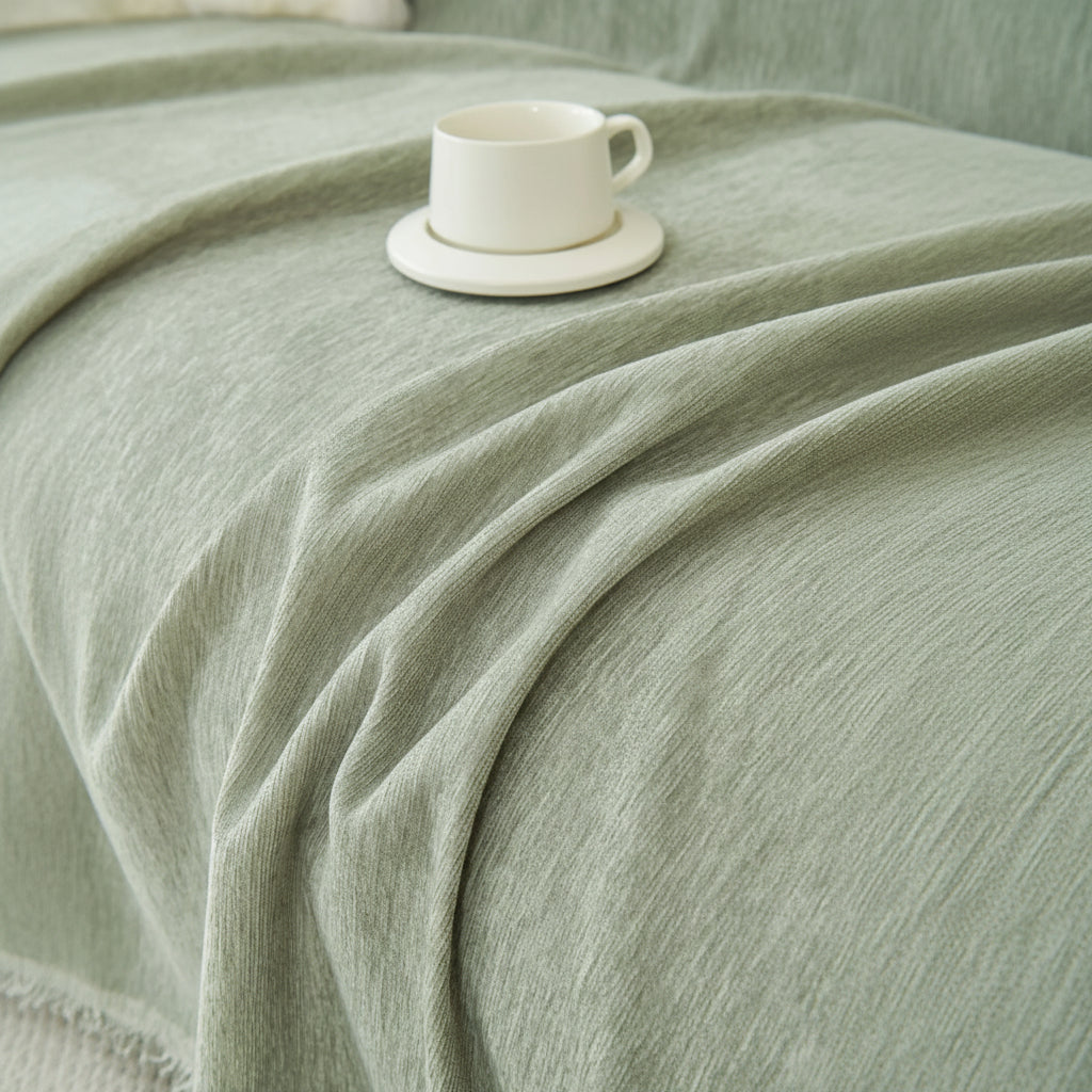 Sage green throw blanket draped on a sofa with a white teacup and saucer.