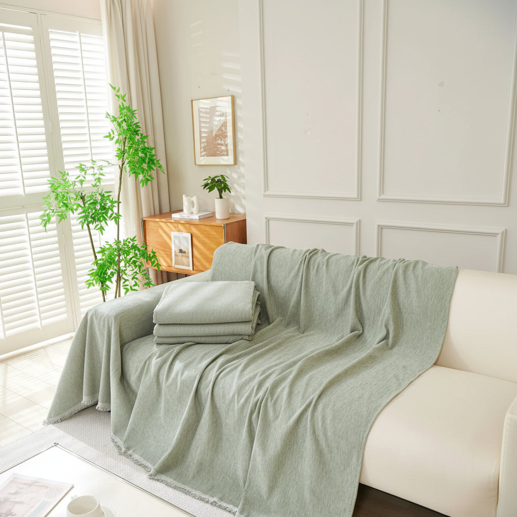 Sage green cozy throw blanket folded and draped over a white sofa.
