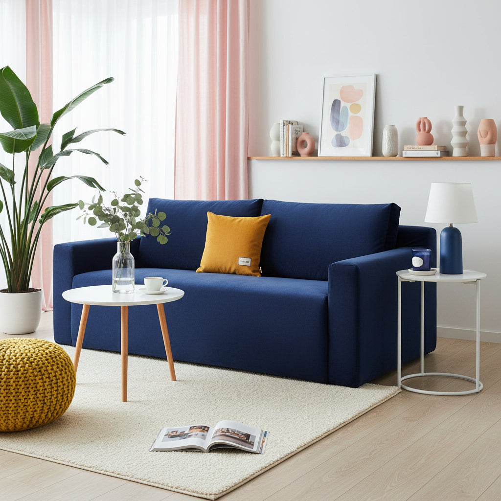 Navy blue velvet couch with a yellow throw pillow and a white side table with a lamp.