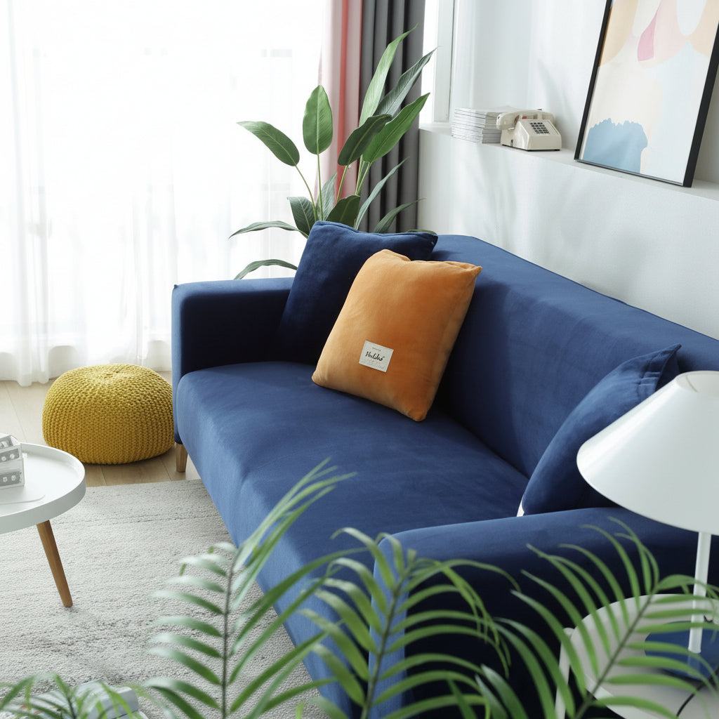 Navy blue velvet couch cover with orange and dark blue accent pillows.