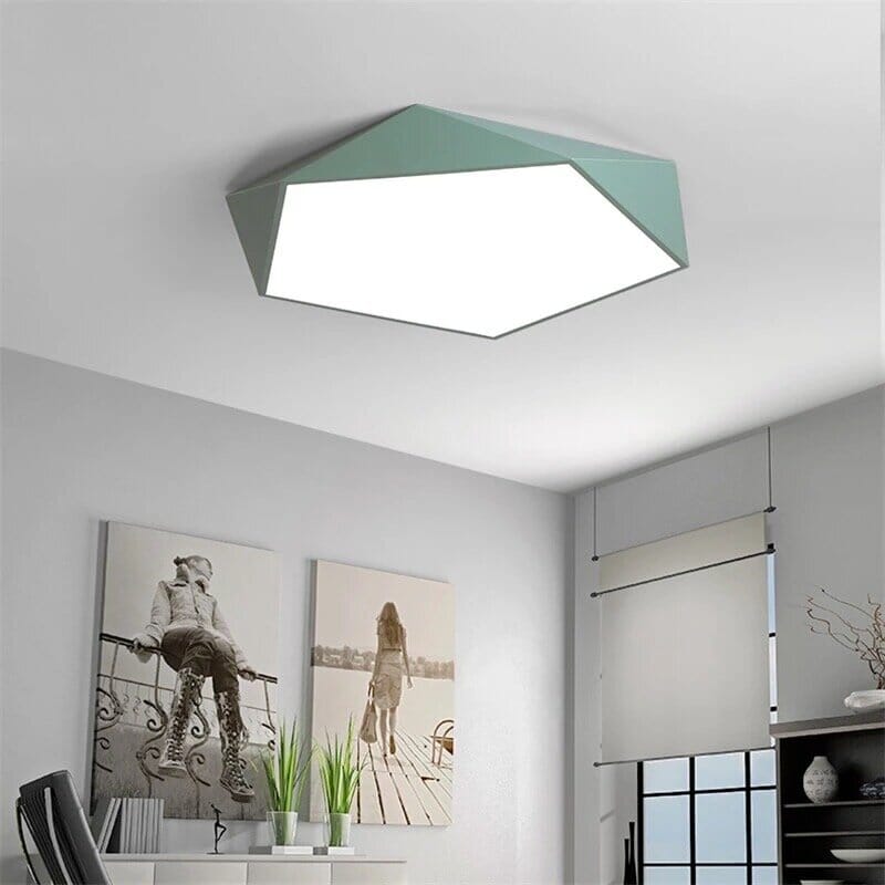 Modern geometric flush mount ceiling light with a mint green frame and white light panel.