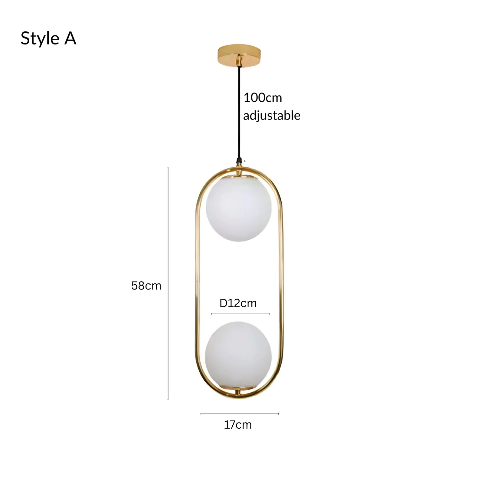 Style A glass pendant light with gold frame, 58cm height, 12cm globe diameter, 17cm width, and 100cm adjustable cord.