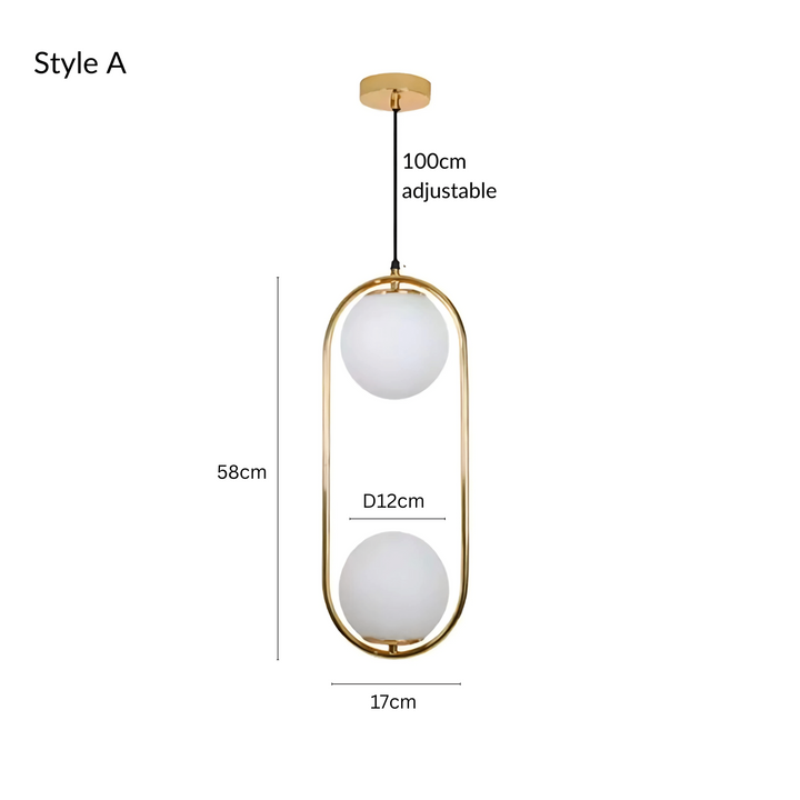 Style A glass pendant light with gold frame, 58cm height, 12cm globe diameter, 17cm width, and 100cm adjustable cord.