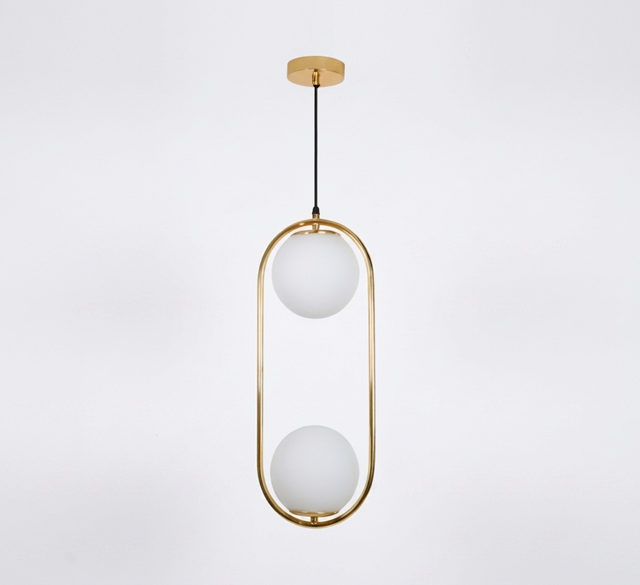 Gold pendant light with two frosted glass spheres in an oval frame.