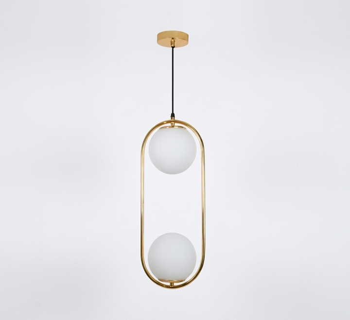 Gold pendant light with two frosted glass spheres in an oval frame.