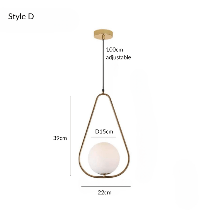 Style D glass pendant light with a teardrop frame, 39cm height, 22cm width, and 15cm diameter globe.