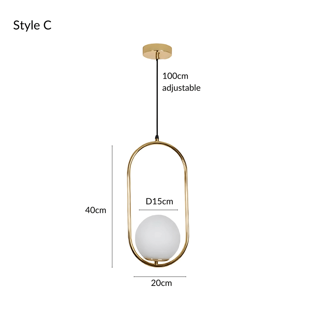Style C gold pendant light with a white globe and dimensions 40cm height, 20cm width, 15cm globe diameter, 100cm adjustable cord.