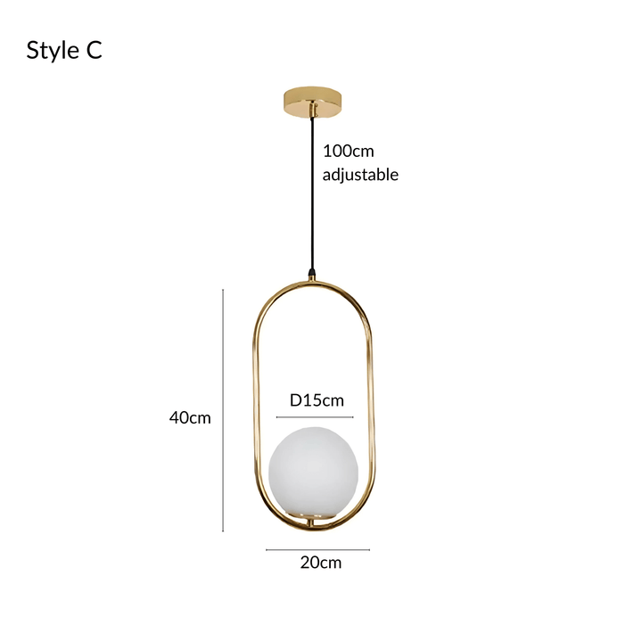 Style C gold pendant light with a white globe and dimensions 40cm height, 20cm width, 15cm globe diameter, 100cm adjustable cord.