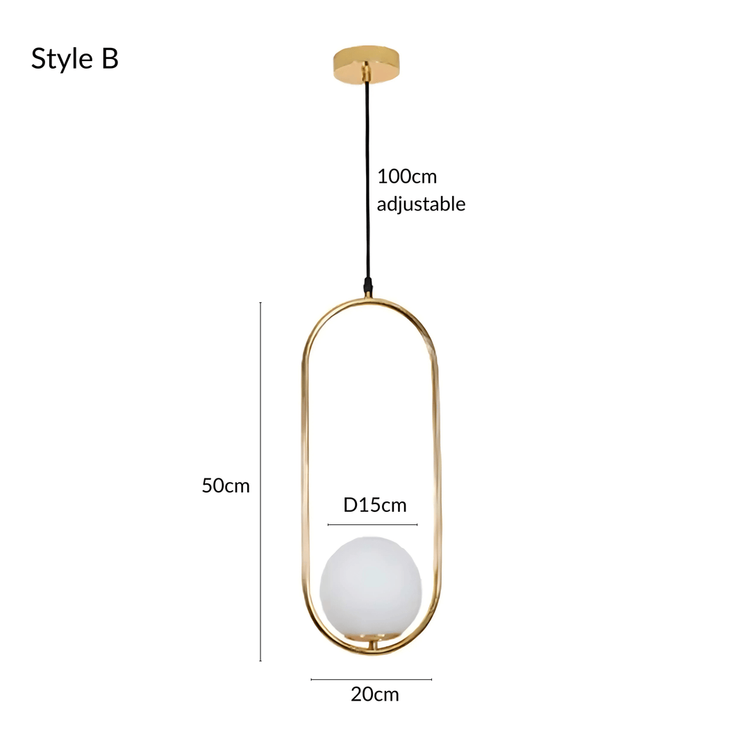 Style B glass pendant light with gold frame, 50cm height, 15cm diameter globe, 20cm width.