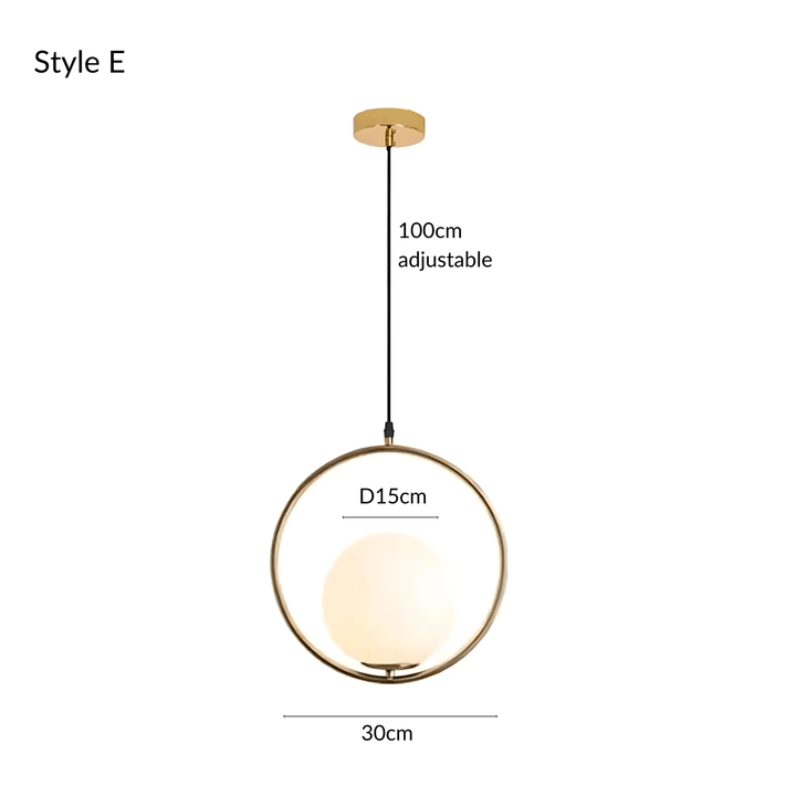 Style E pendant light with a gold ring, frosted glass globe, and adjustable cord.
