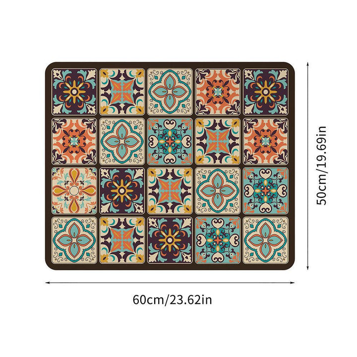 Microfiber appliance mat with a colorful geometric tile pattern, 60cm x 50cm.