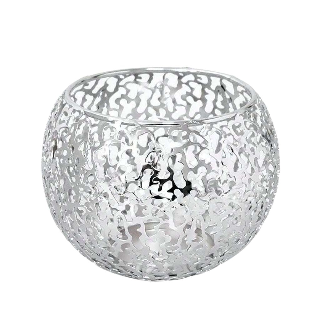 Silver geometric iron tealight holder with a sphere design.