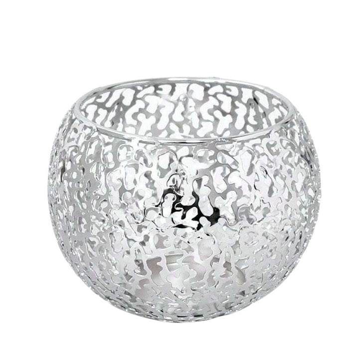 Silver geometric iron tealight holder with a sphere design.