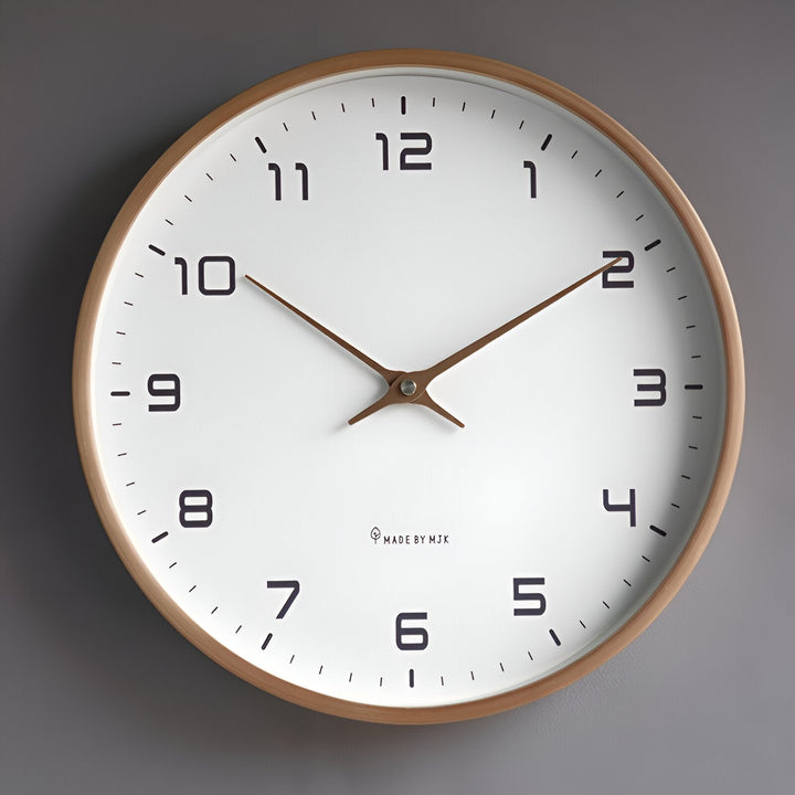 Nordic Wood Wall Clock with white face, black numbers, and wooden frame.