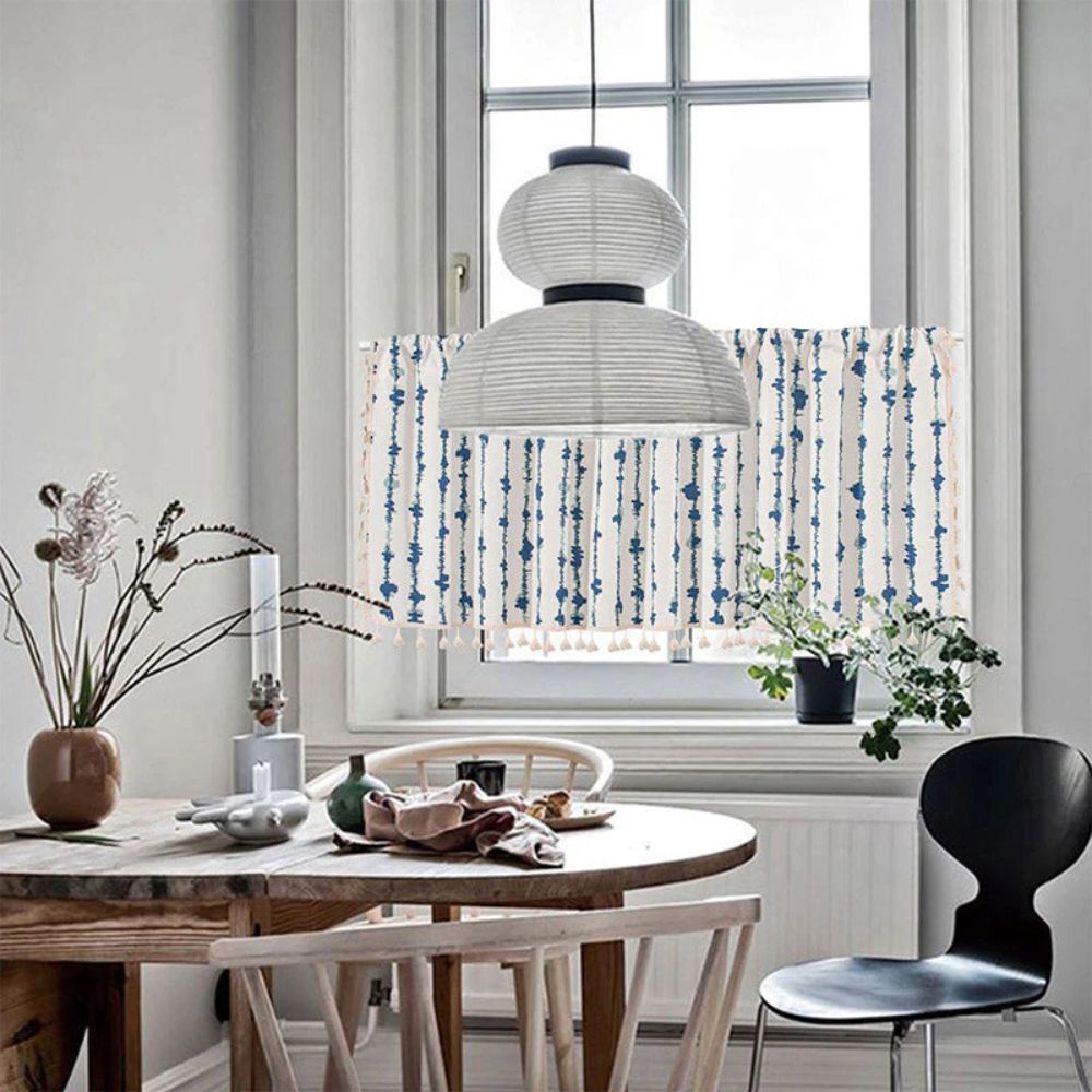 Inkblot Blue Tassel Cabinet Curtain with blue inkblot pattern and tassel fringe.