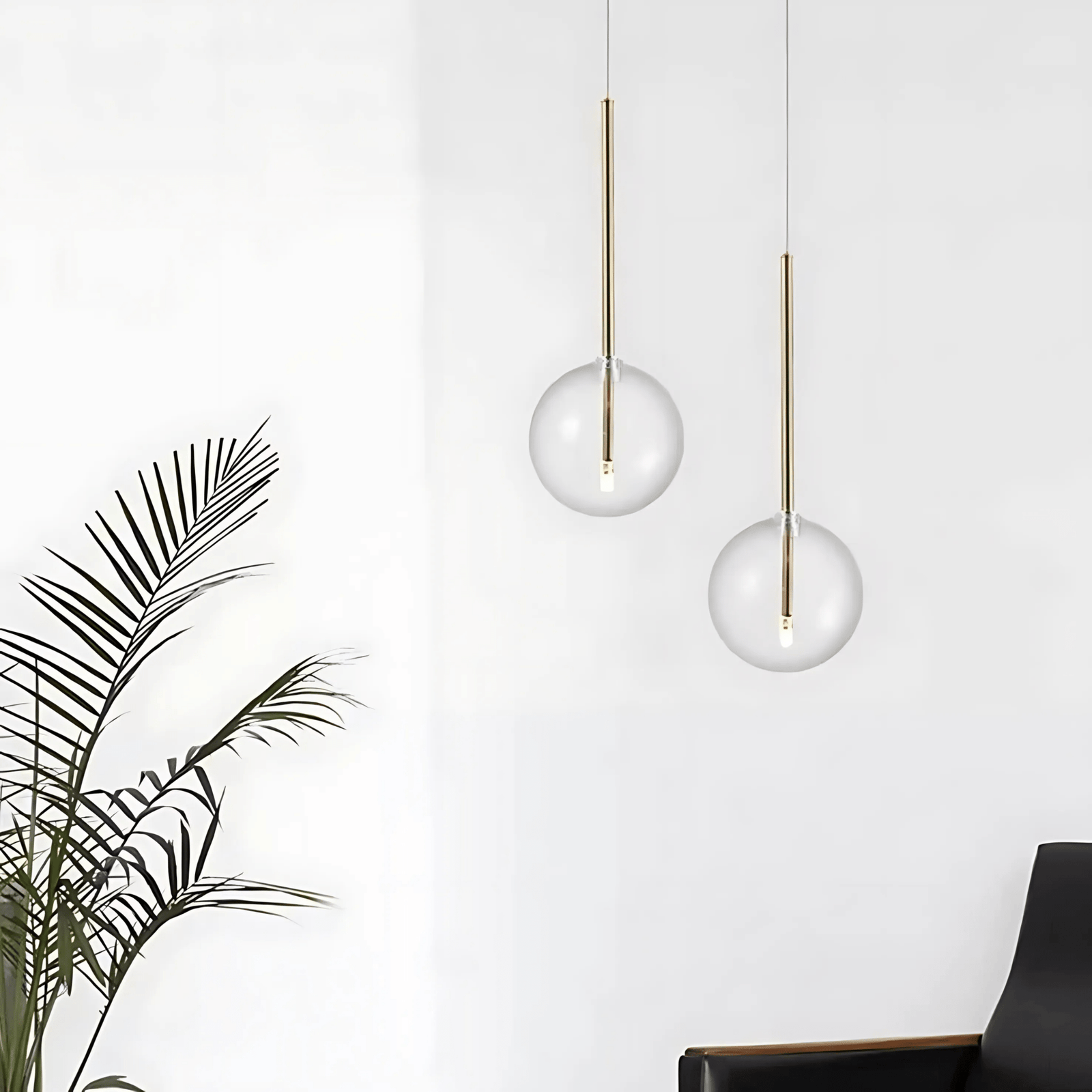 Two modern glass globe pendant lights hanging against a white wall, with a palm frond in the foreground.