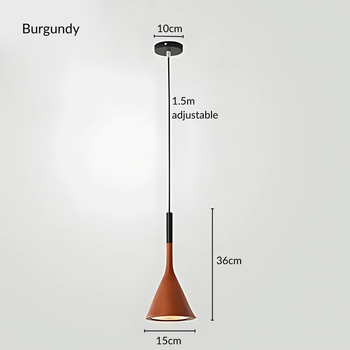Burgundy cone pendant light with adjustable 1.5m cord, 36cm height, and 15cm base.